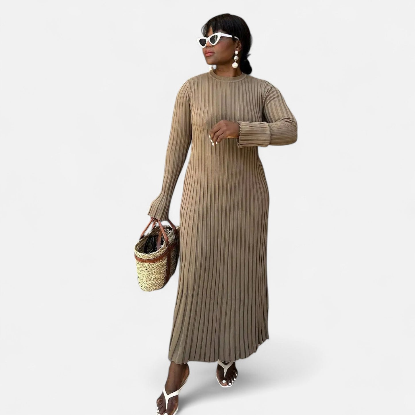 Élané | Robe Longue en Maille Côtelée pour Femme – Élégance Sculptée, Confort Moderne