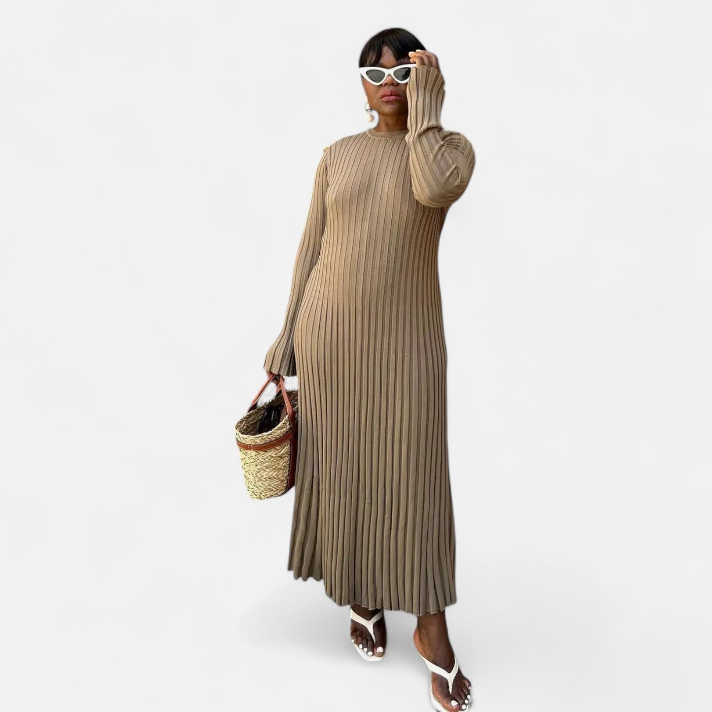 Élané | Robe Longue en Maille Côtelée pour Femme – Élégance Sculptée, Confort Moderne