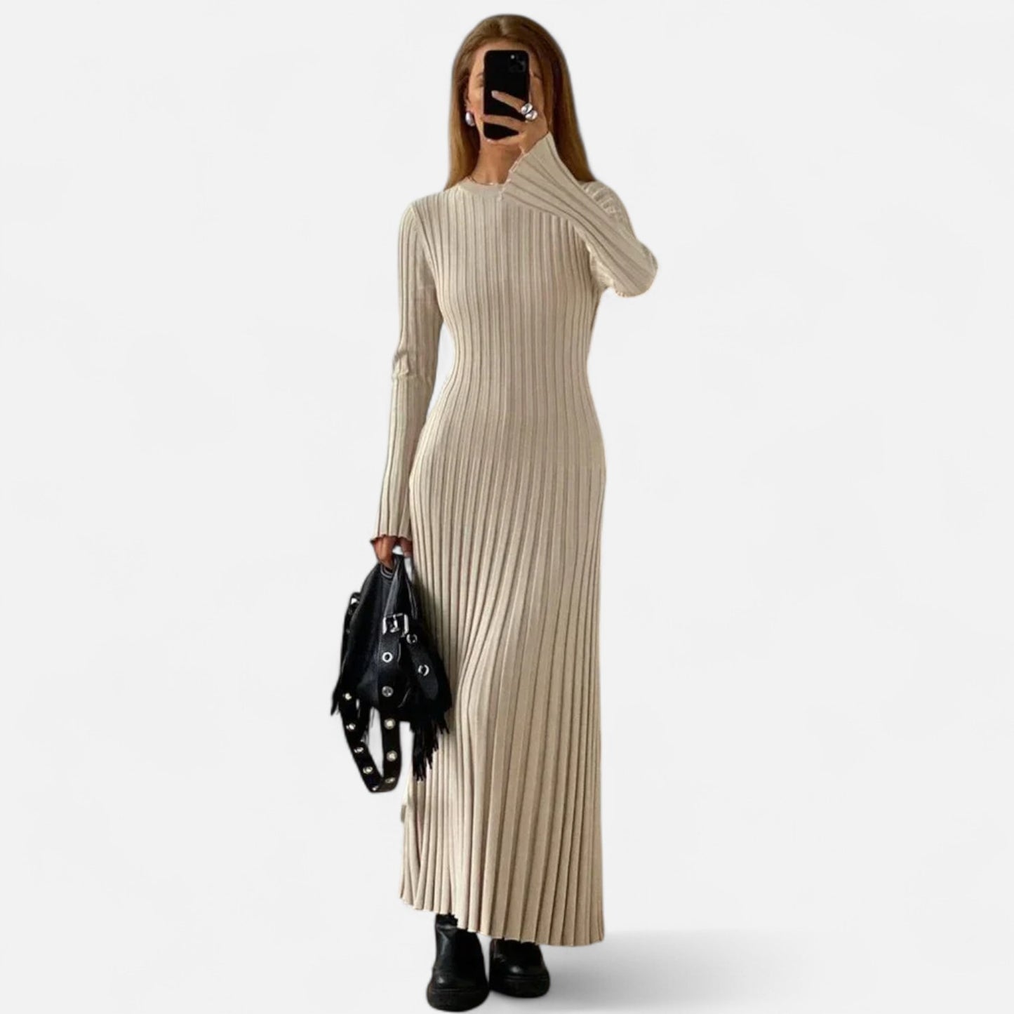 Élané | Robe Longue en Maille Côtelée pour Femme – Élégance Sculptée, Confort Moderne