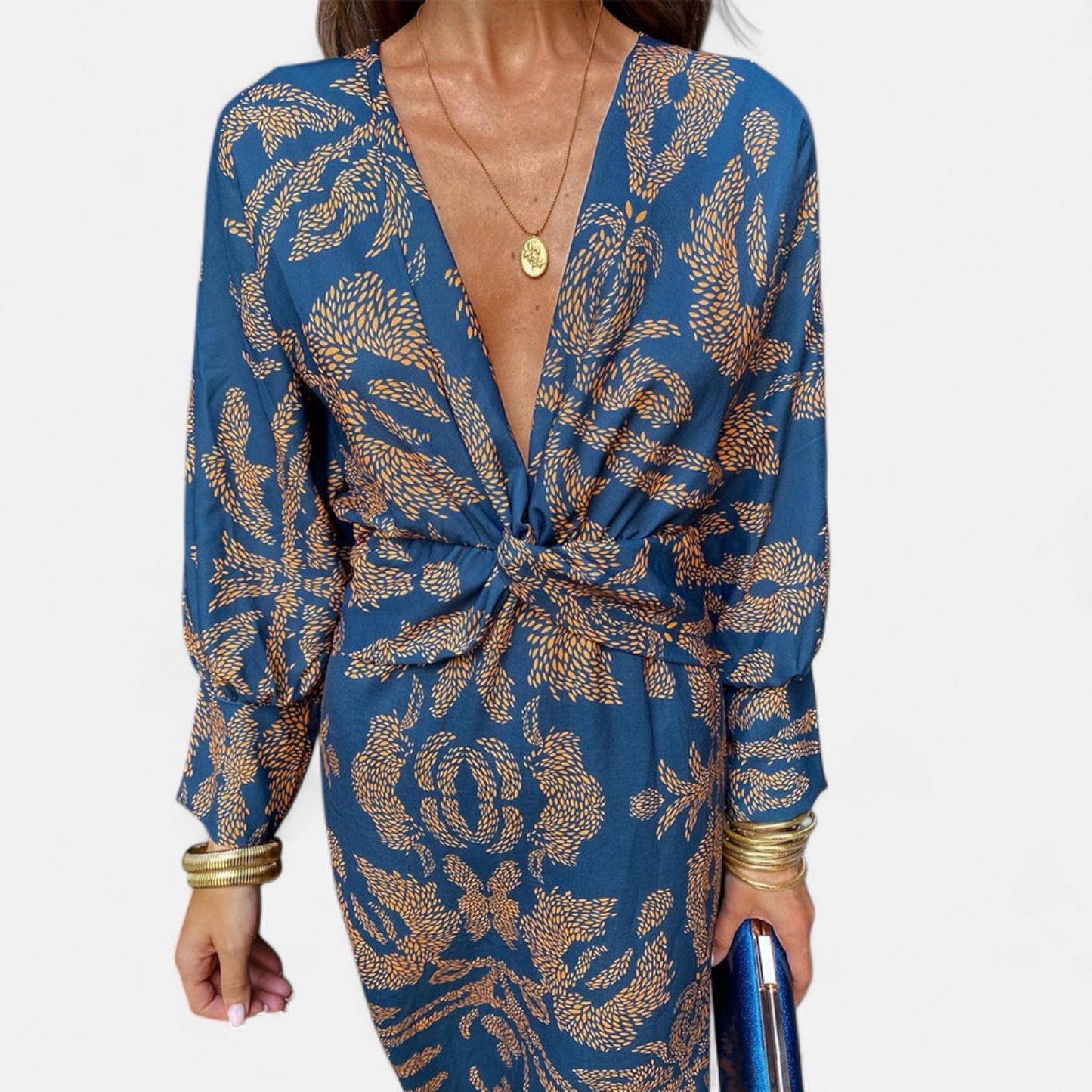 Élané | Robe Maxi Imprimée à Col en V Plongeant pour Femme – Élégance Bohème, Silhouette Sublimée