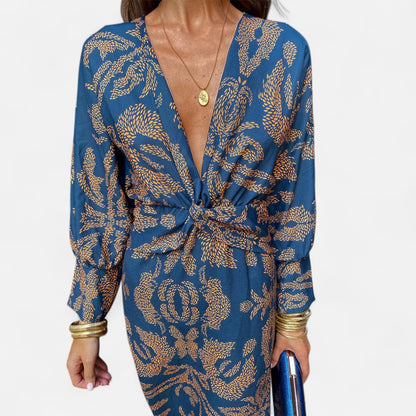 Élané | Robe Maxi Imprimée à Col en V Plongeant pour Femme – Élégance Bohème, Silhouette Sublimée
