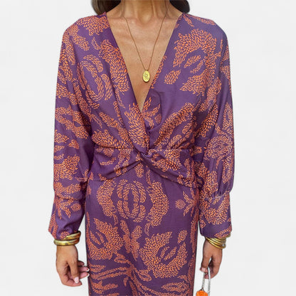 Élané | Robe Maxi Imprimée à Col en V Plongeant pour Femme – Élégance Bohème, Silhouette Sublimée