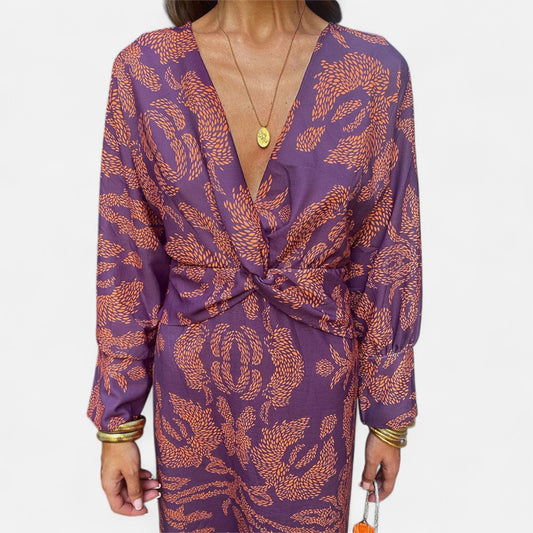 Élané | Robe Maxi Imprimée à Col en V Plongeant pour Femme – Élégance Bohème, Silhouette Sublimée