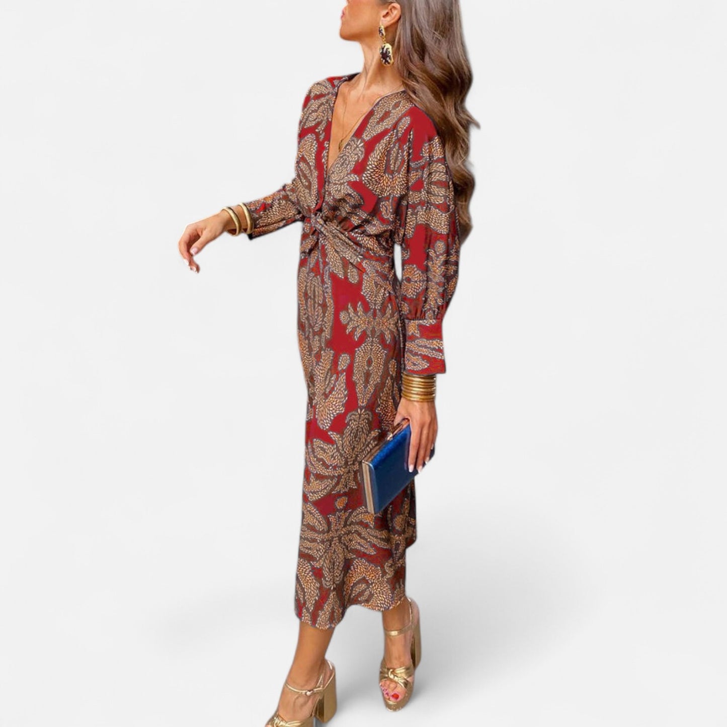 Élané | Robe Maxi Imprimée à Col en V Plongeant pour Femme – Élégance Bohème, Silhouette Sublimée