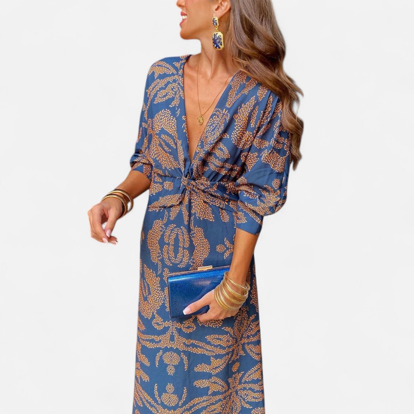 Élané | Robe Maxi Imprimée à Col en V Plongeant pour Femme – Élégance Bohème, Silhouette Sublimée