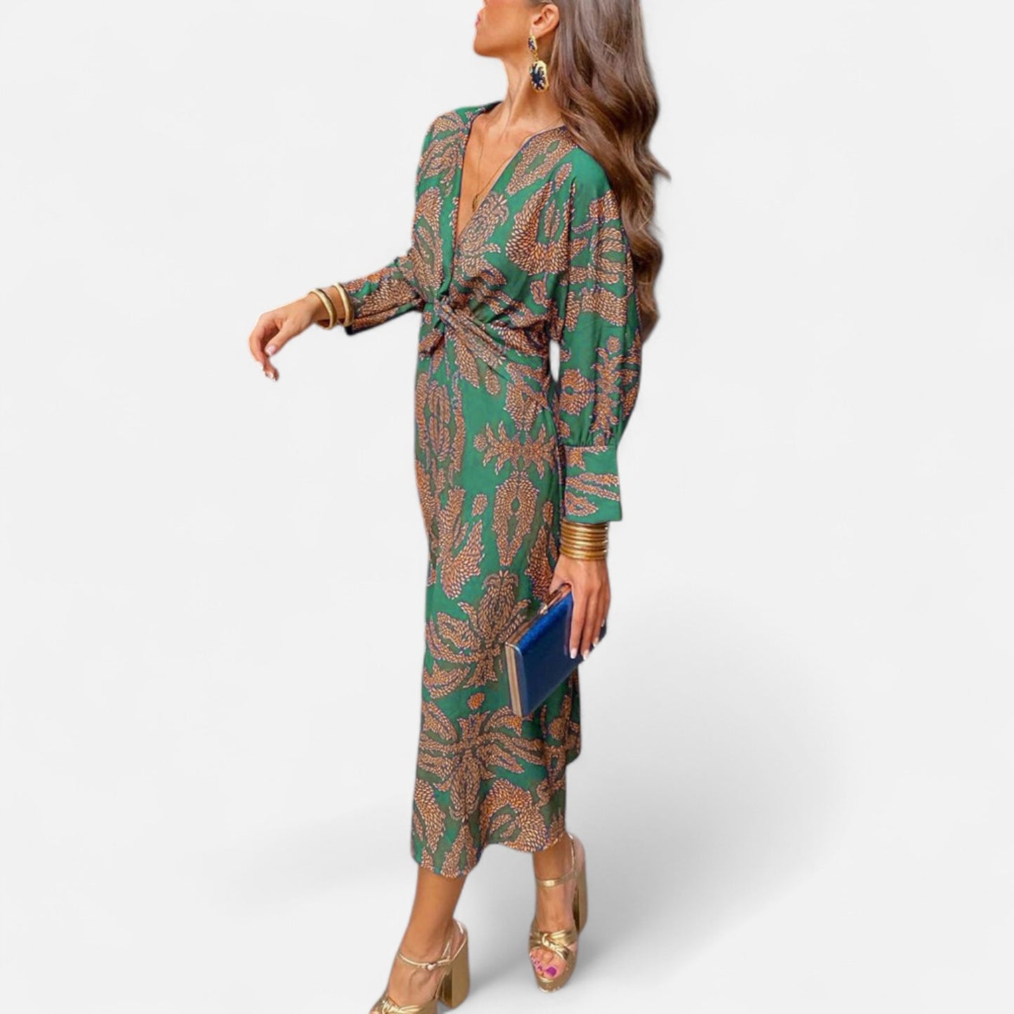 Élané | Robe Maxi Imprimée à Col en V Plongeant pour Femme – Élégance Bohème, Silhouette Sublimée
