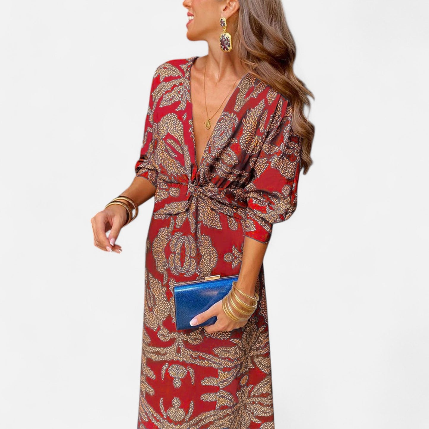 Élané | Robe Maxi Imprimée à Col en V Plongeant pour Femme – Élégance Bohème, Silhouette Sublimée