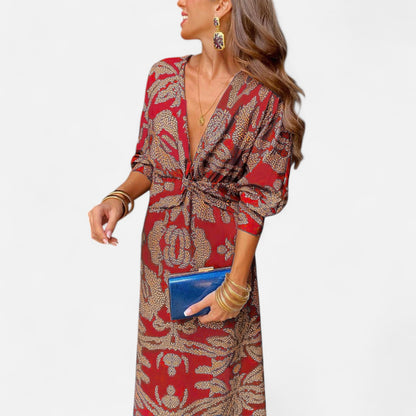 Élané | Robe Maxi Imprimée à Col en V Plongeant pour Femme – Élégance Bohème, Silhouette Sublimée