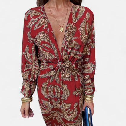 Élané | Robe Maxi Imprimée à Col en V Plongeant pour Femme – Élégance Bohème, Silhouette Sublimée