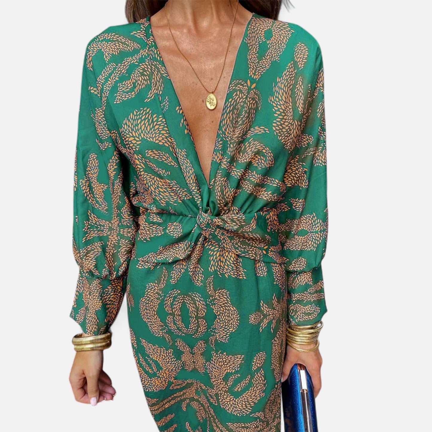 Élané | Robe Maxi Imprimée à Col en V Plongeant pour Femme – Élégance Bohème, Silhouette Sublimée