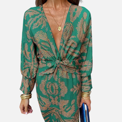 Élané | Robe Maxi Imprimée à Col en V Plongeant pour Femme – Élégance Bohème, Silhouette Sublimée