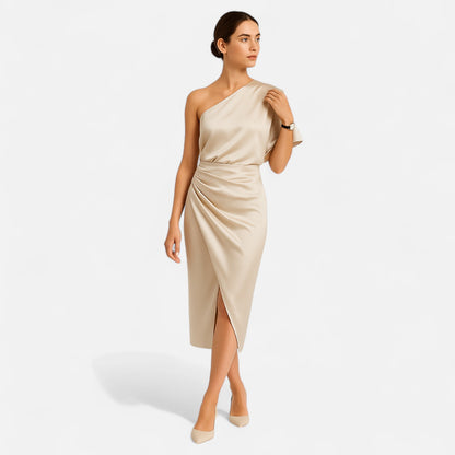 Élané | Robe Satinée Asymétrique pour Femme – Élégance Sculptée, Charme Intemporel