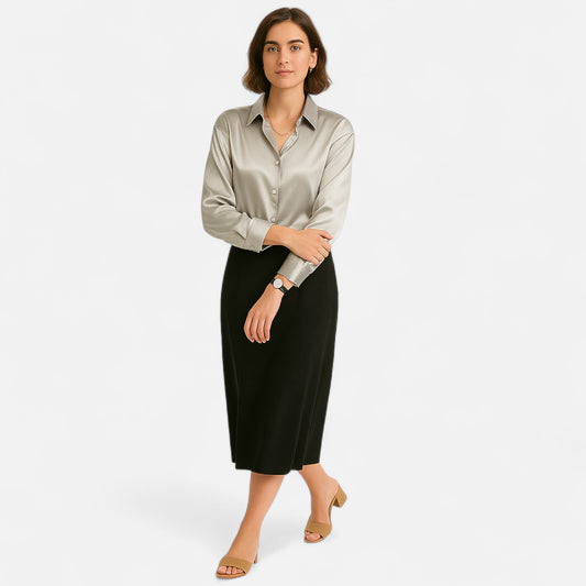 Élané | Haut Femme à Manches Longues en Satin – Élégance Classique, Polyvalence Moderne