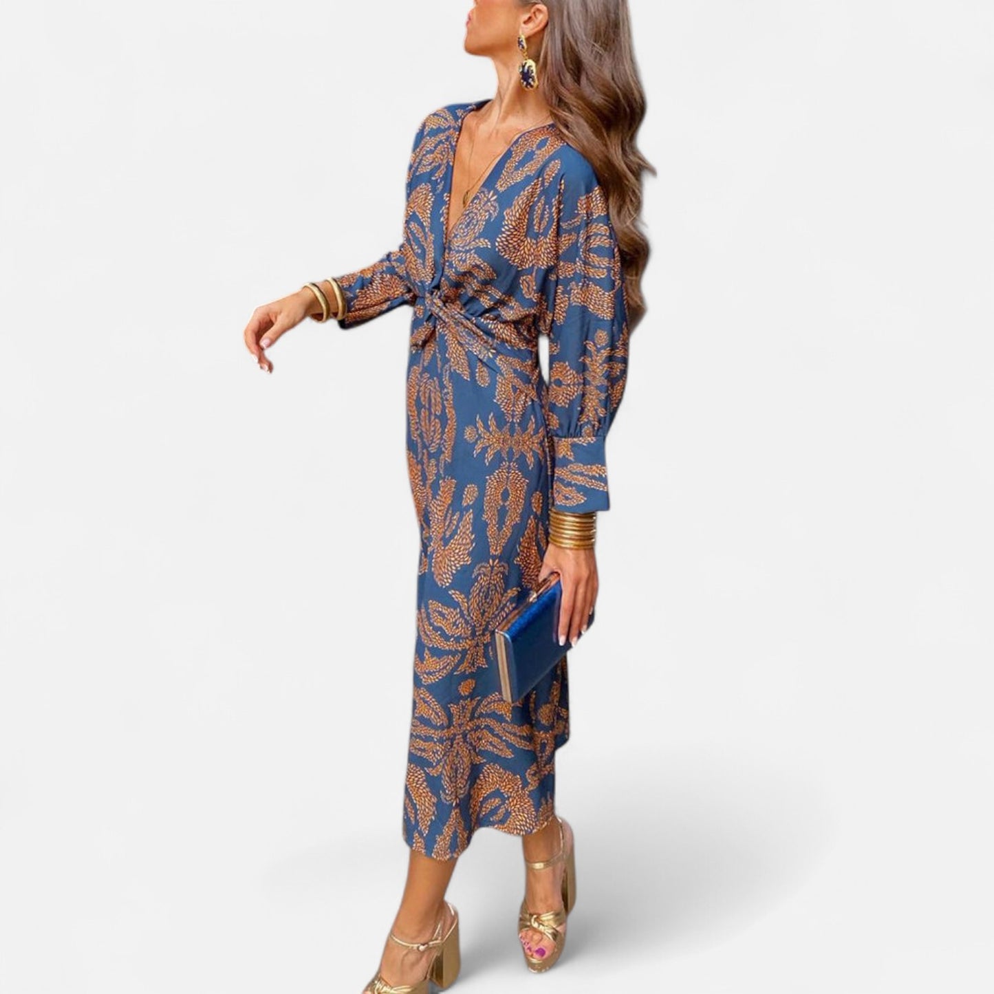Élané | Robe Maxi Imprimée à Col en V Plongeant pour Femme – Élégance Bohème, Silhouette Sublimée